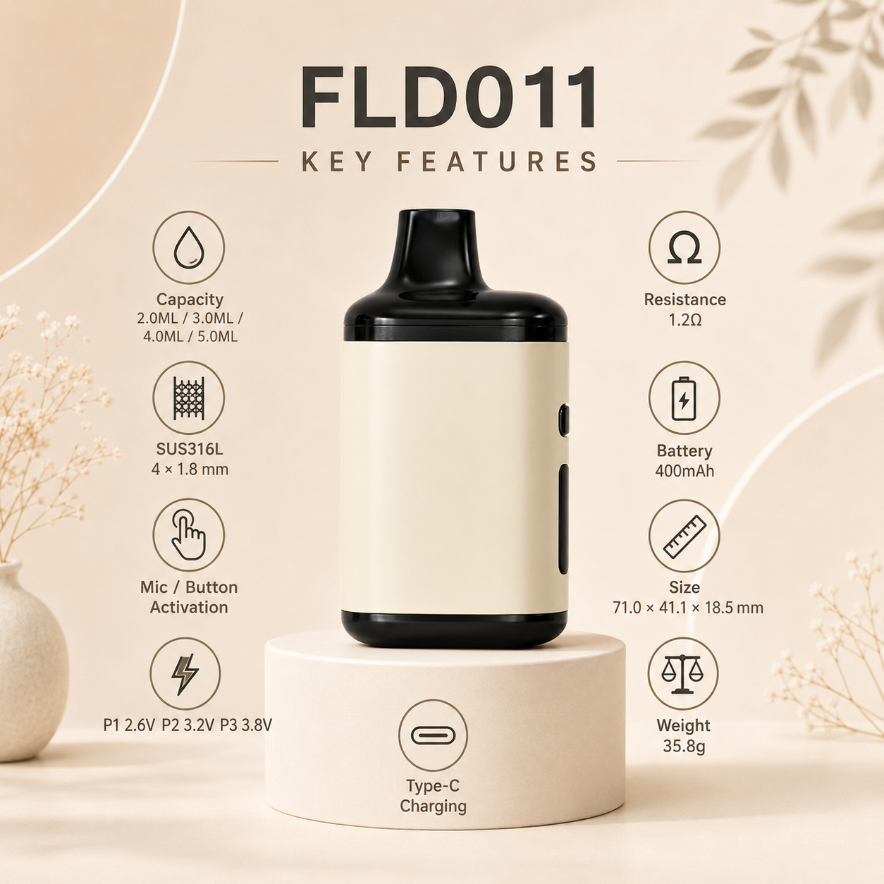 FLD011 Multi-Capacity Disposable Vape Device – 400mAh 3 Voltage Levels - Image 2