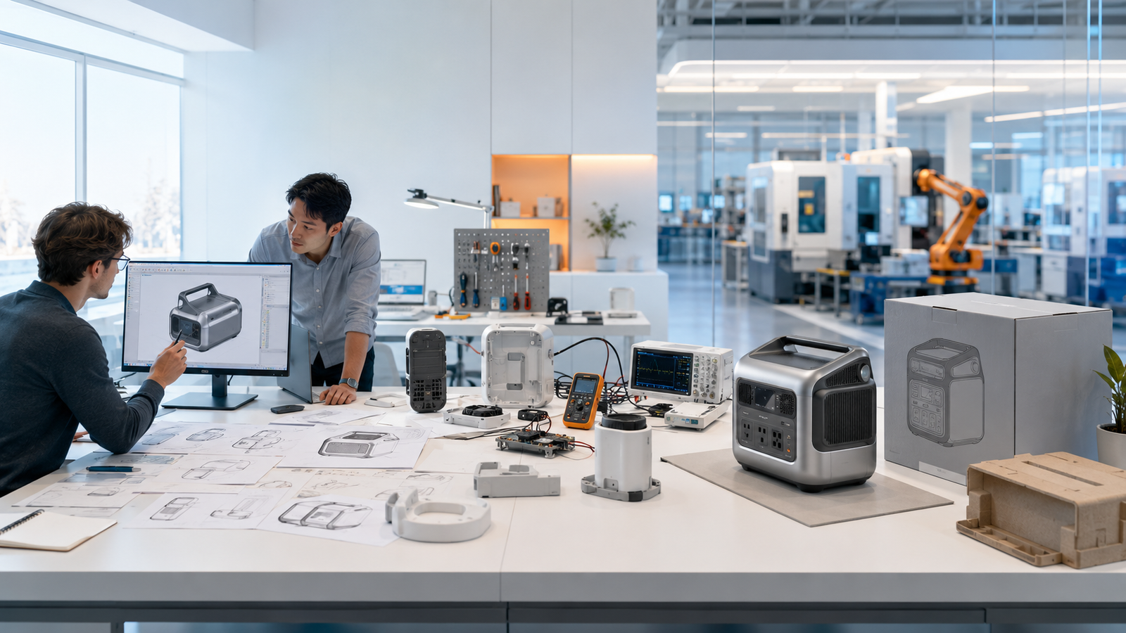 FUNLE engineering team reviewing hardware samples and product drawings