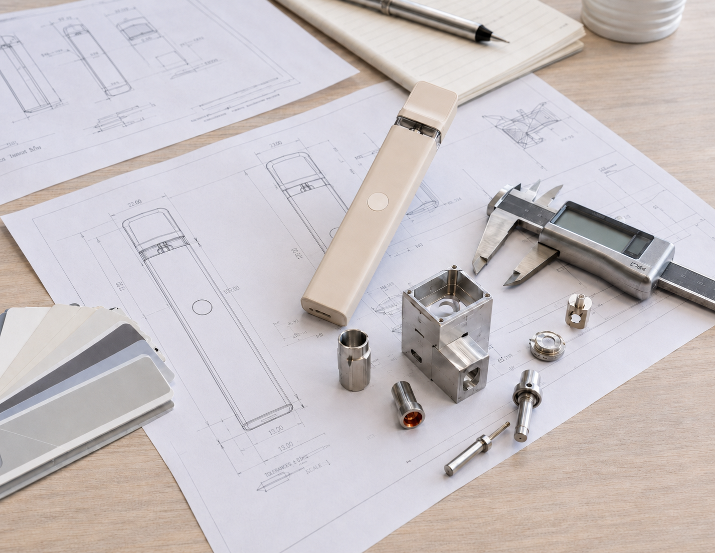 Approved reference engineering workbench with product drawings, sample hardware and inspection tools