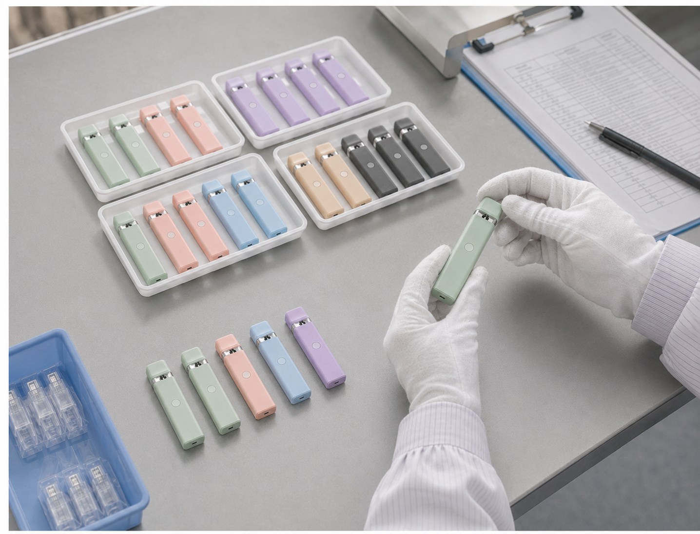Batch consistency inspection showing approved samples and repeat production hardware