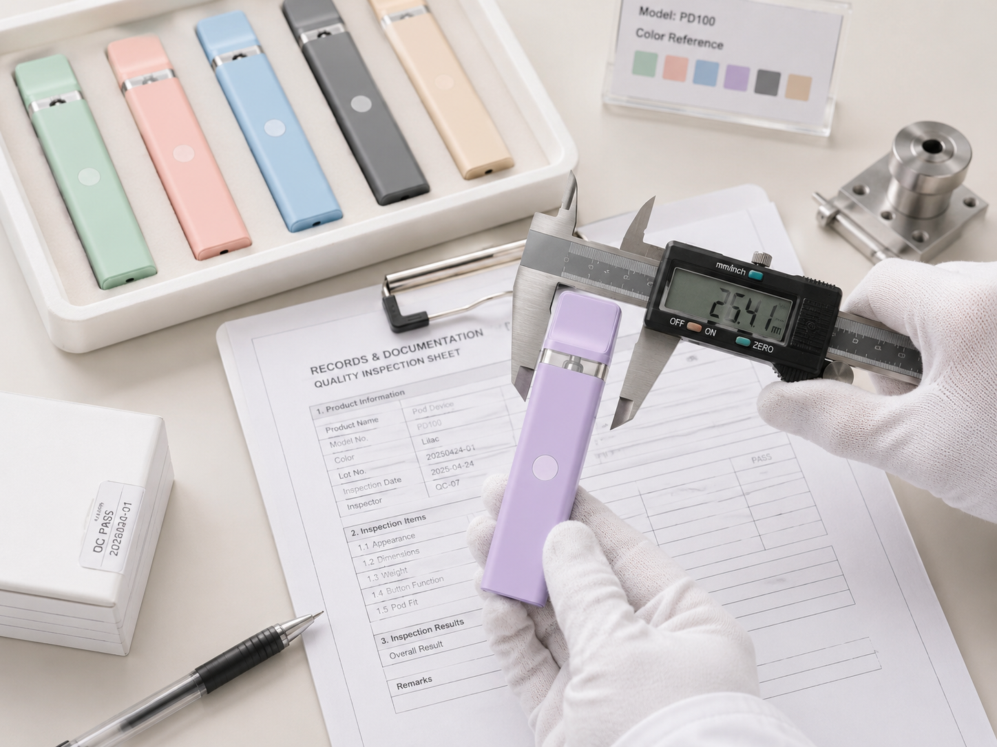 Dimensional inspection of customized vape hardware during quality control