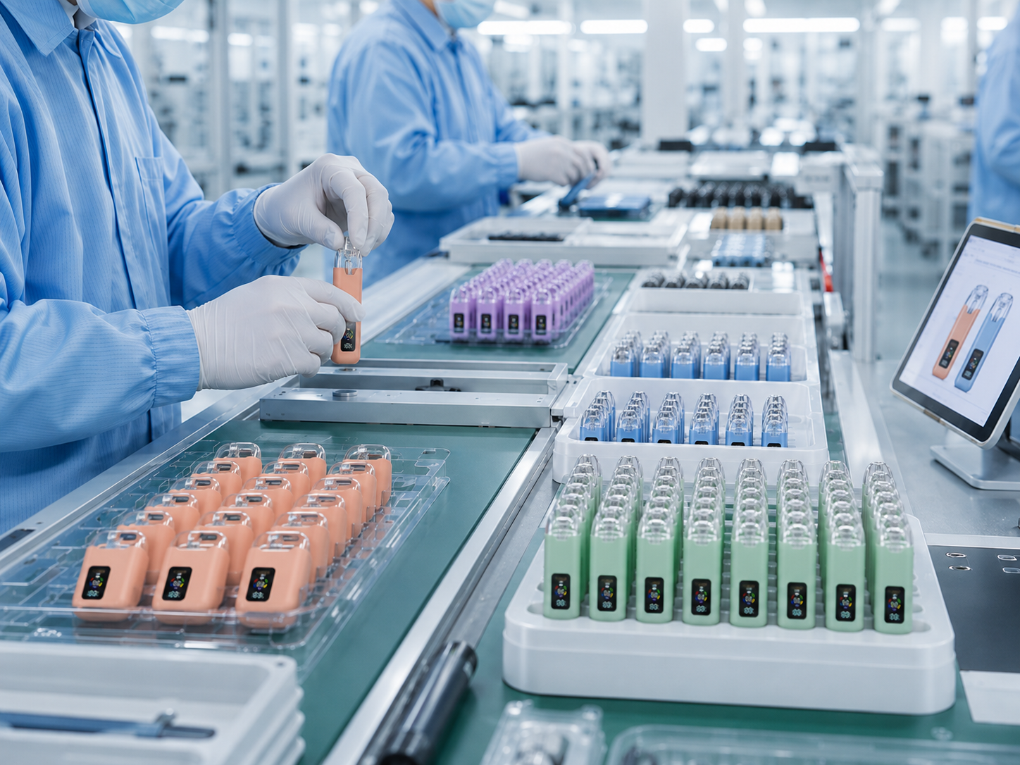 Compact vape hardware devices moving through an organized batch production and assembly process