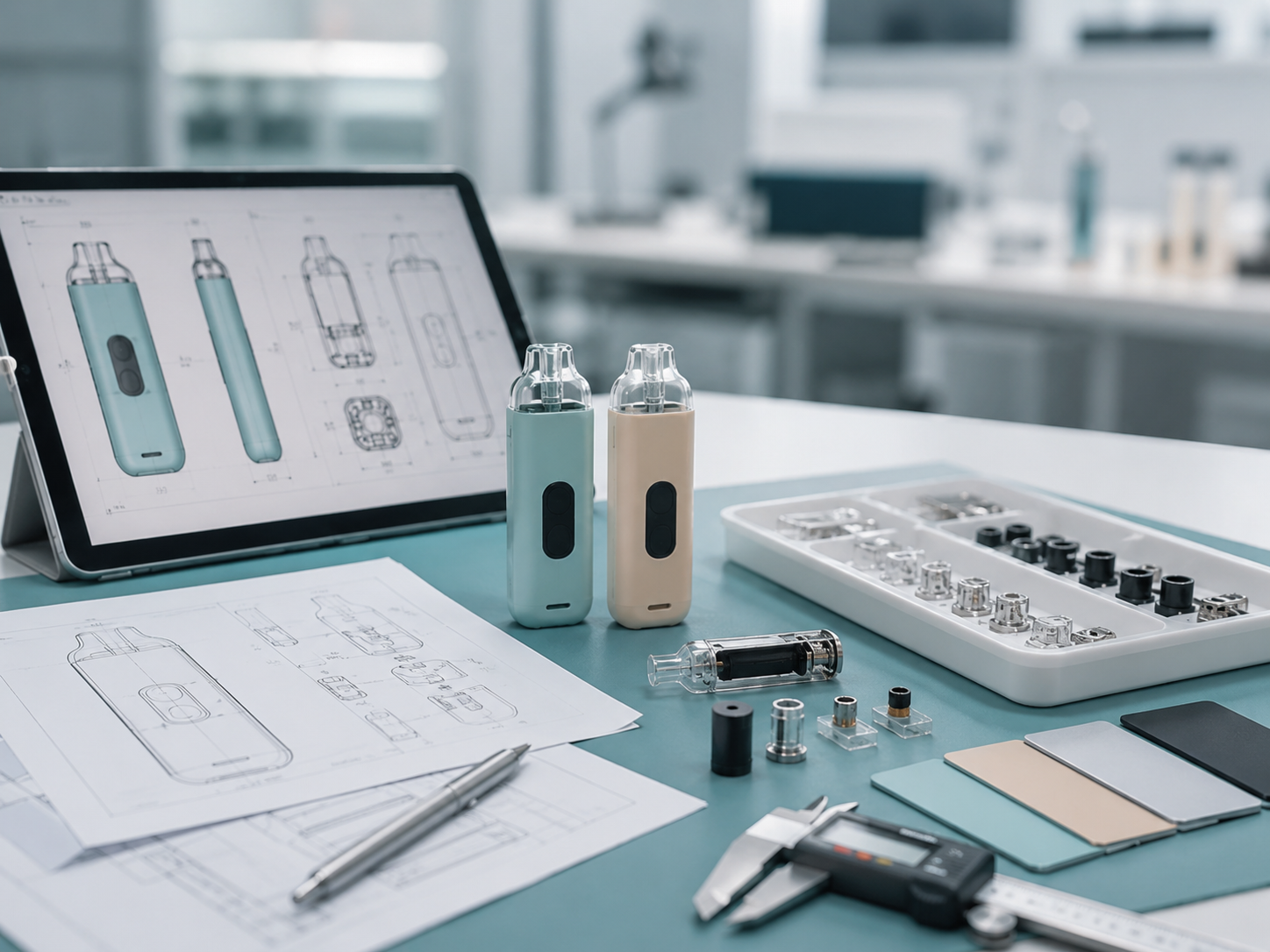 Vape hardware engineering and development workbench with product drawings, samples and measurement tools