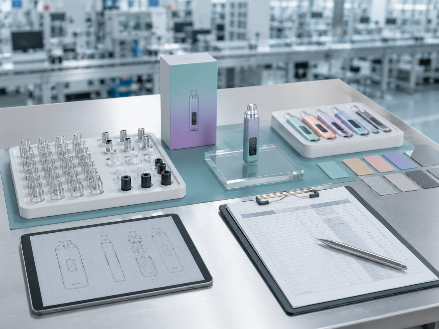 Vape hardware manufacturing preparation with production samples, components and approved references