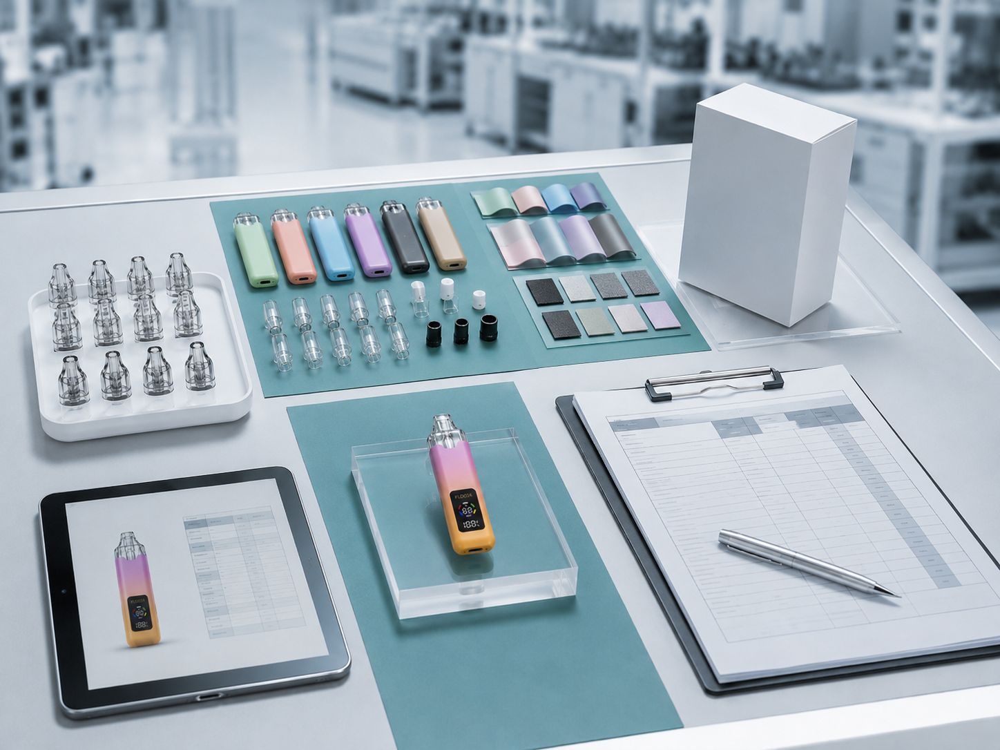 Vape hardware pre-production confirmation workspace with approved product, components, finish references, packaging and production instructions