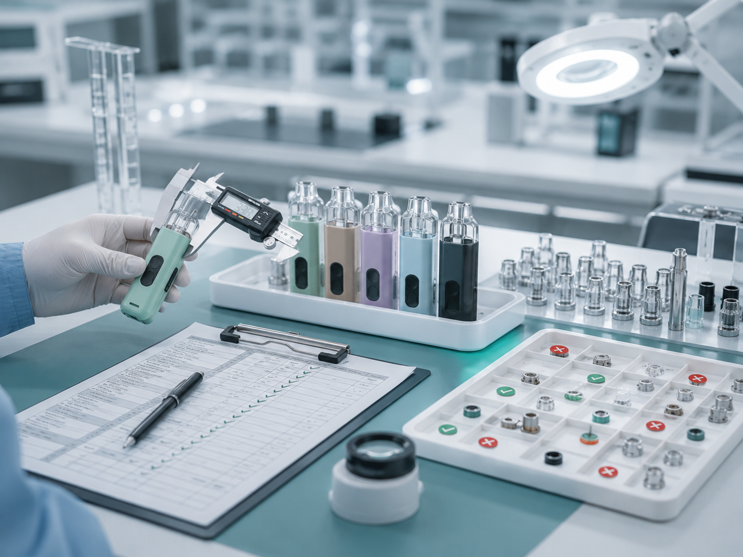 Vape hardware quality control inspection with dimensional measurement, sample references and checklist