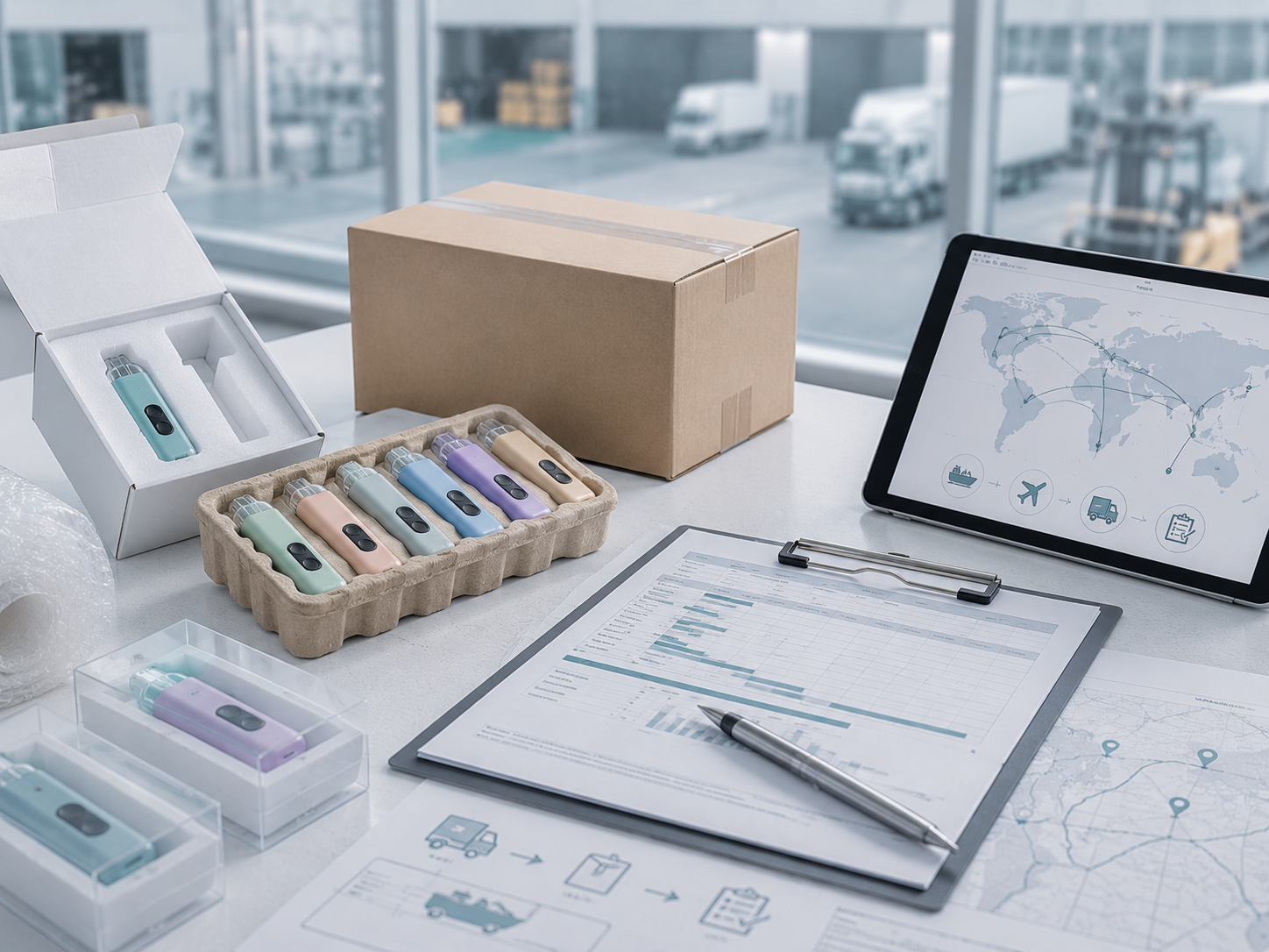 Vape hardware packaging, shipping route and lead time planning workspace