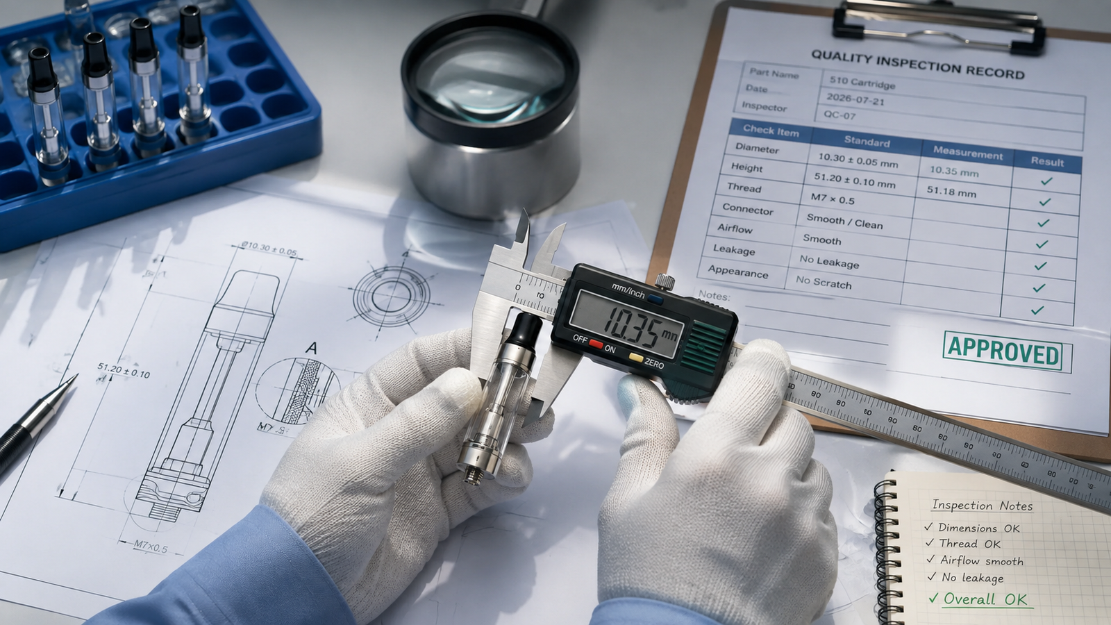 Empty oil vaporizer hardware quality inspection with dimensional checks, sample review and inspection records