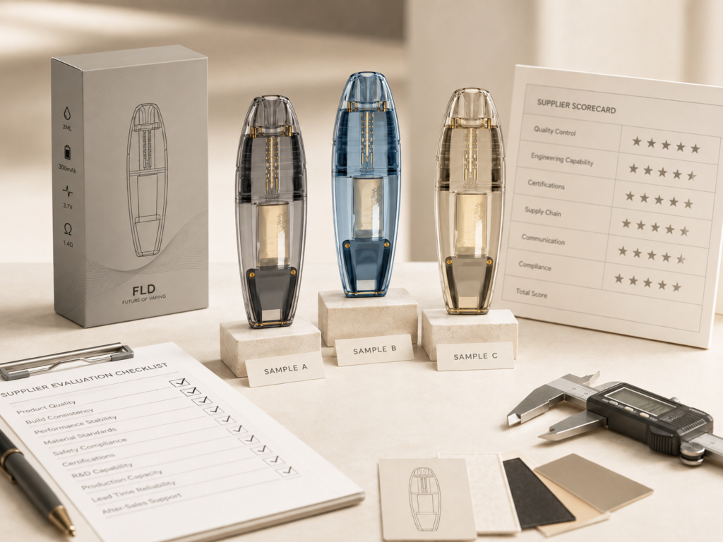 Three transparent empty vaporizer hardware samples arranged with a supplier evaluation checklist, scorecard and measurement tools before sampling