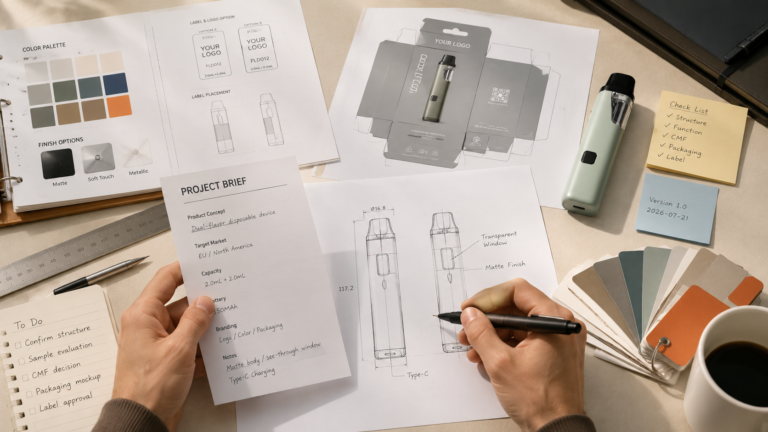 OEM and ODM vaporizer hardware project brief workspace with drawings, packaging references and color samples