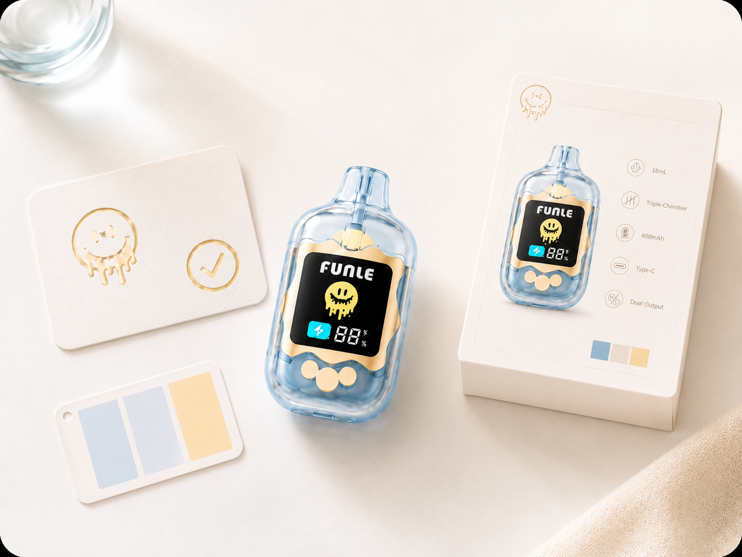 Approved vape hardware product sample with packaging and color references