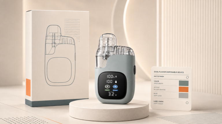 Vape device with coordinated packaging, finish references and brand color system
