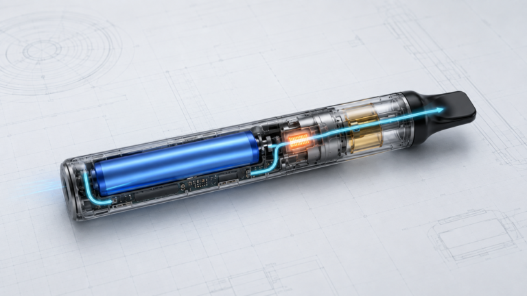 Transparent oil vaporizer hardware cutaway showing the battery, heating element and airflow path