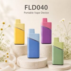 Four FLD040 portable vape devices in yellow, blue, pink-purple, and green stand on round stone pedestals among white daisies.